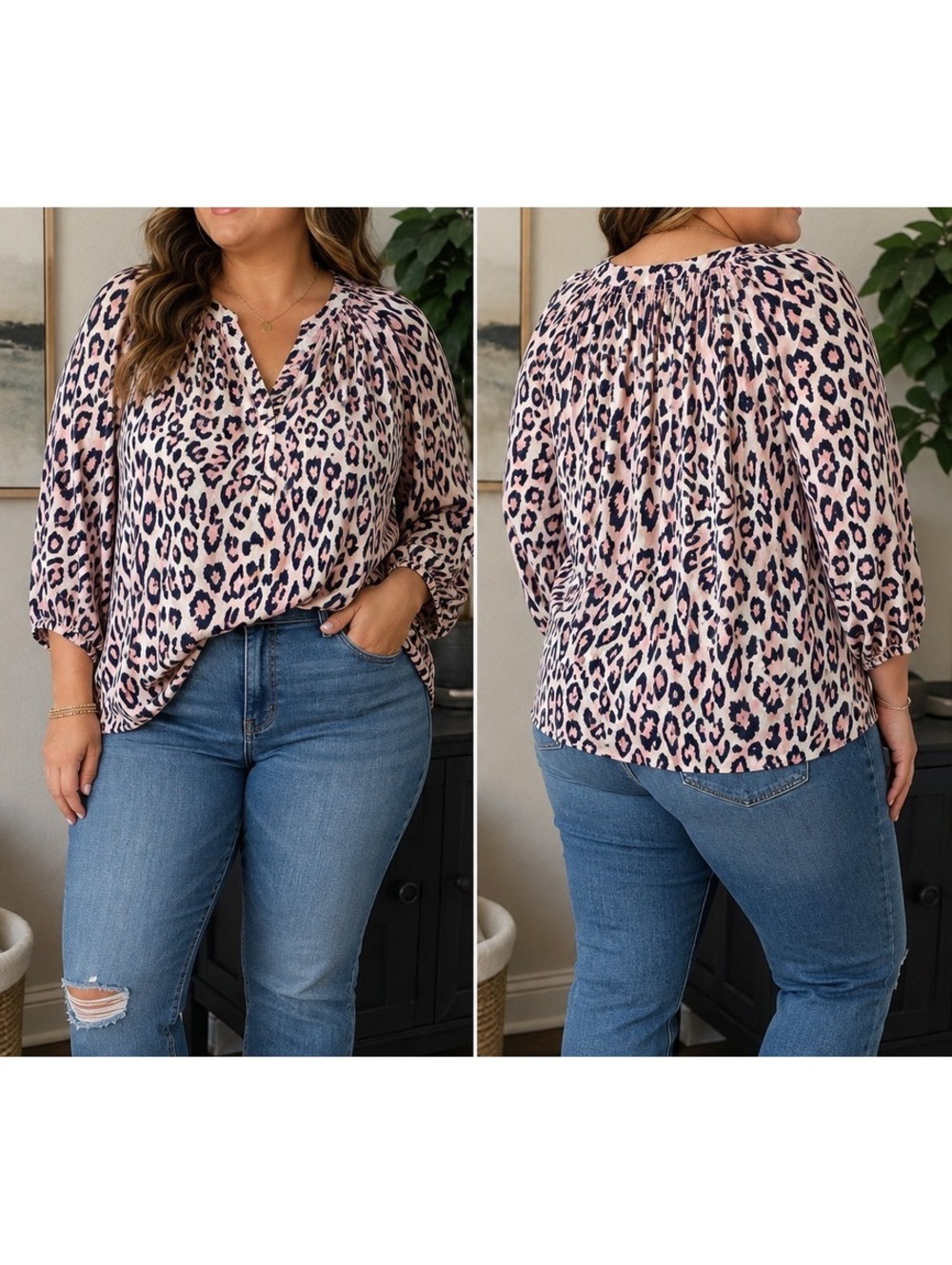 Crown & Ivy Curvy Pink Leopard Animal Print Blouse XL Estimated 3/4 Sleeve
